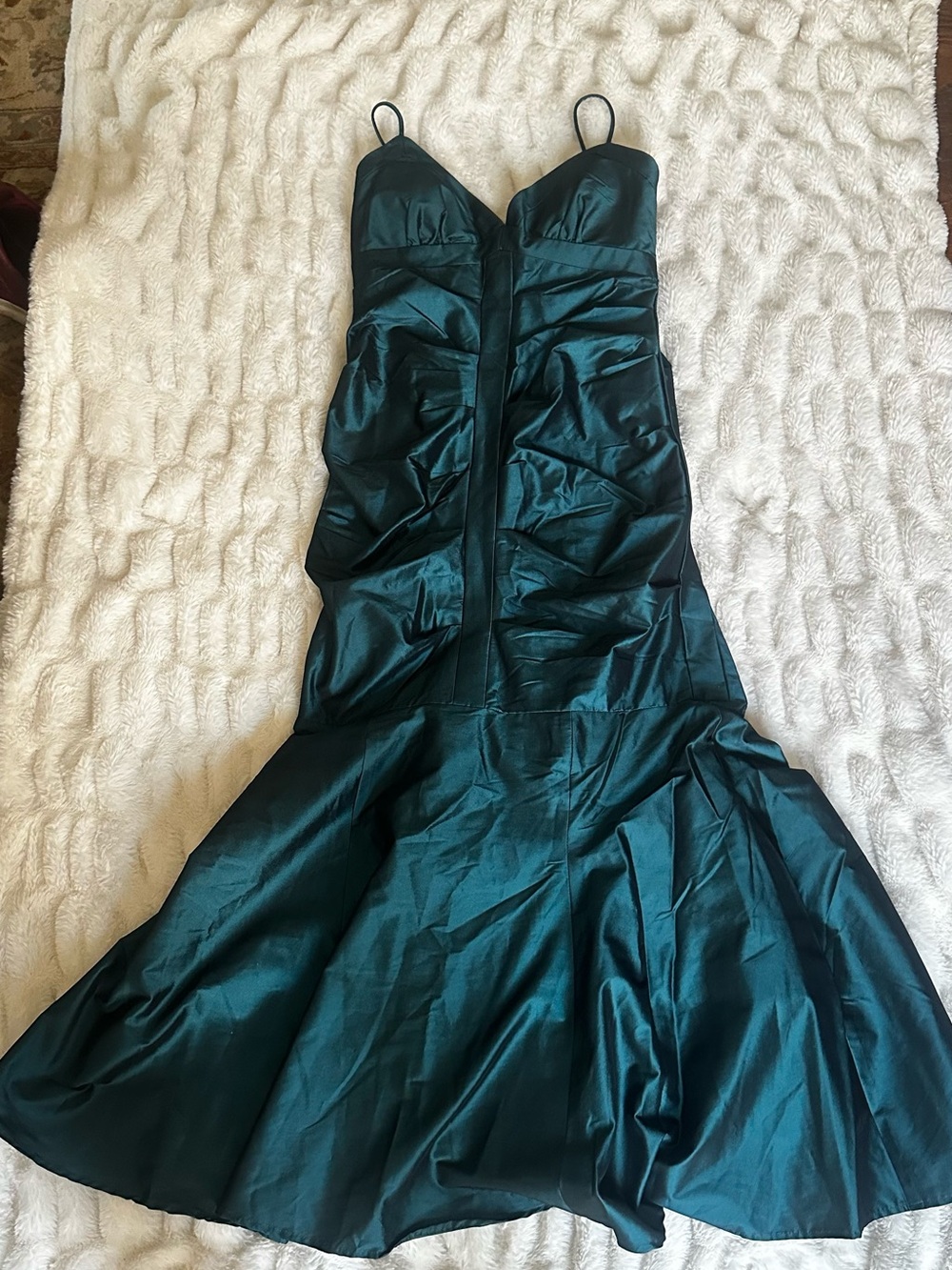Xscape Deep Teal Satin Mermaid Gown with Spaghetti Straps